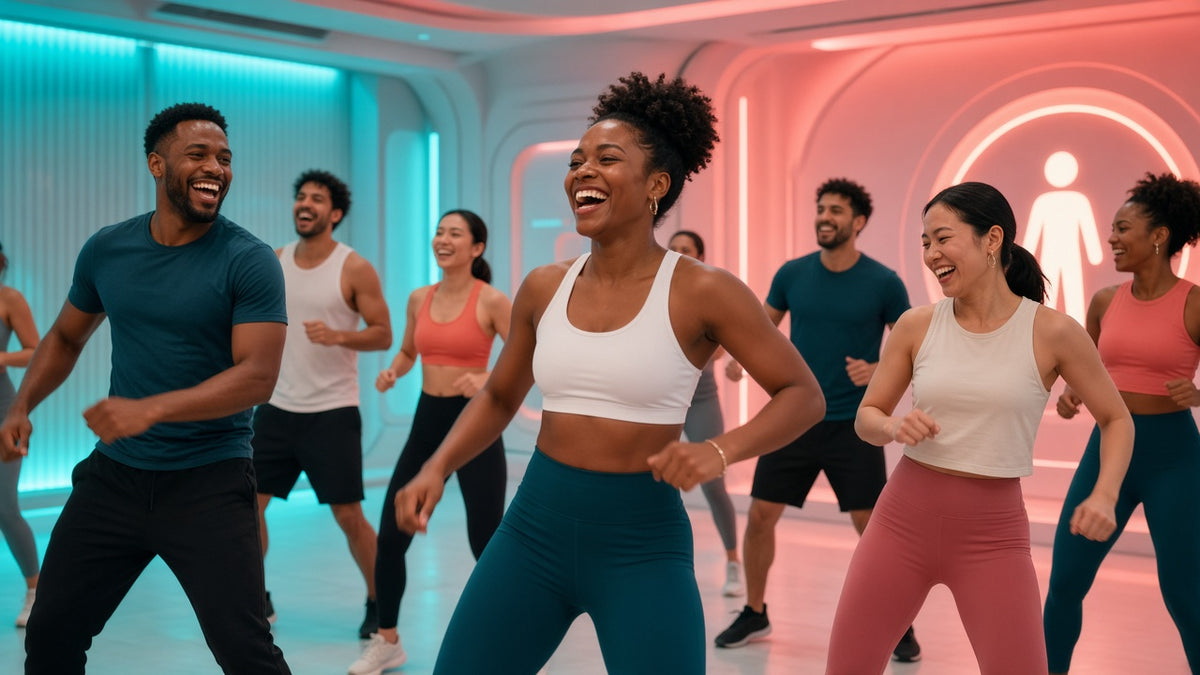 Smiling group enjoying a dance fitness class at 1 Moore Rep Wellness