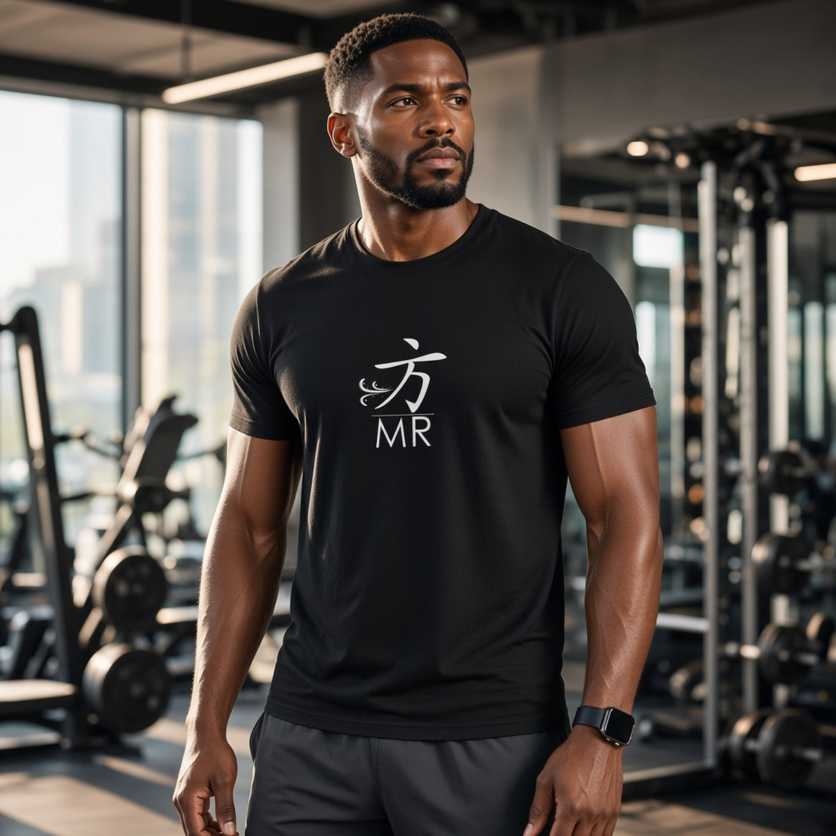 Man in a 1 Moore Rep black heavyweight tee with the 方 MR logo standing in a modern gym with weight racks