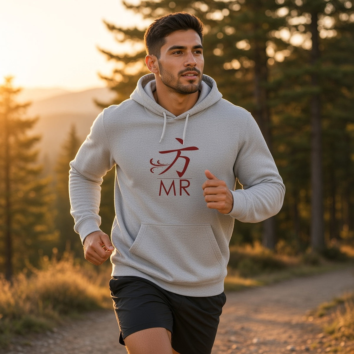 Man jogging on a sunlit forest trail in a 1 Moore Rep sport grey logo hoodie with the red 方 MR emblem