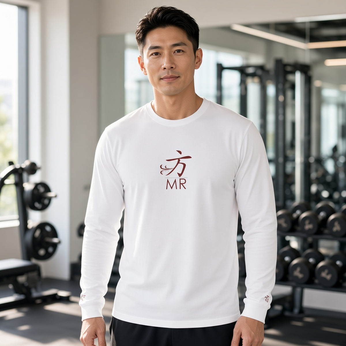 Man in a 1 Moore Rep white long sleeve tee with sleeve print and red 方 MR chest logo in a bright gym