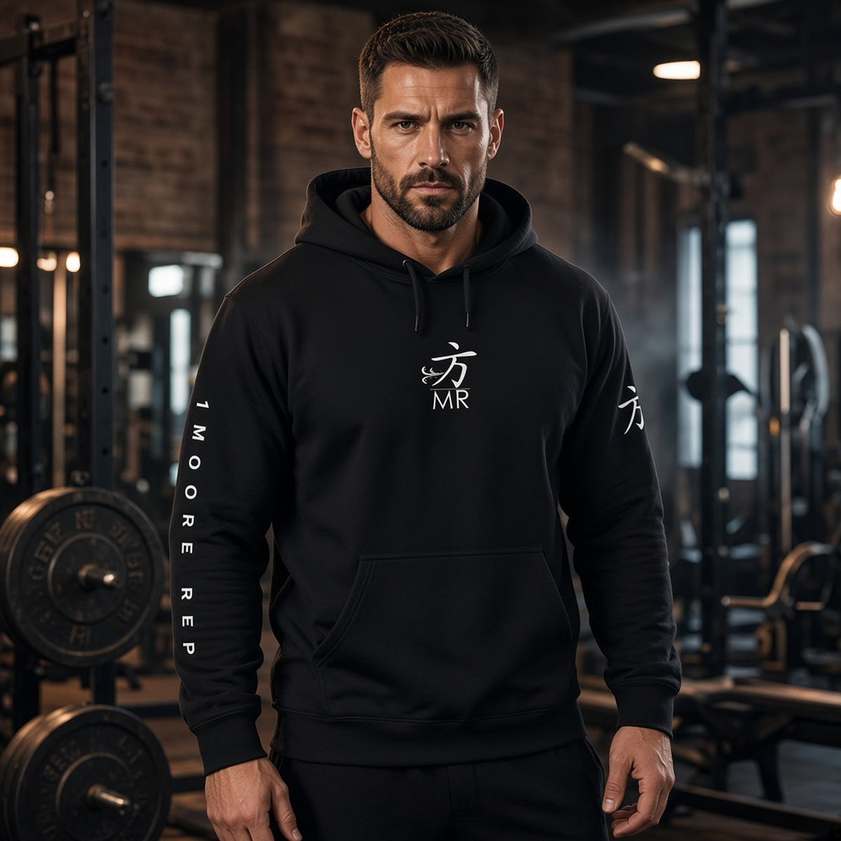 Man in a 1 Moore Rep black sleeve print hoodie with 方 MR chest logo and 1 Moore Rep sleeve text in a gym