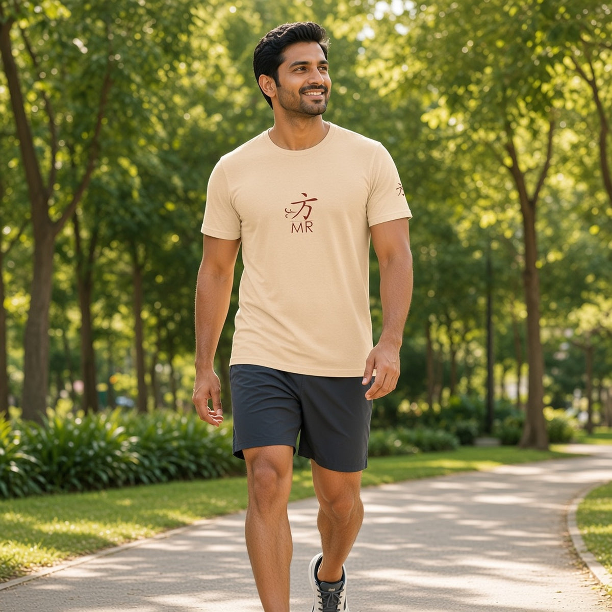 Smiling man walking a park path in a 1 Moore Rep sand sleeve print tee with a small red 方 MR chest logo