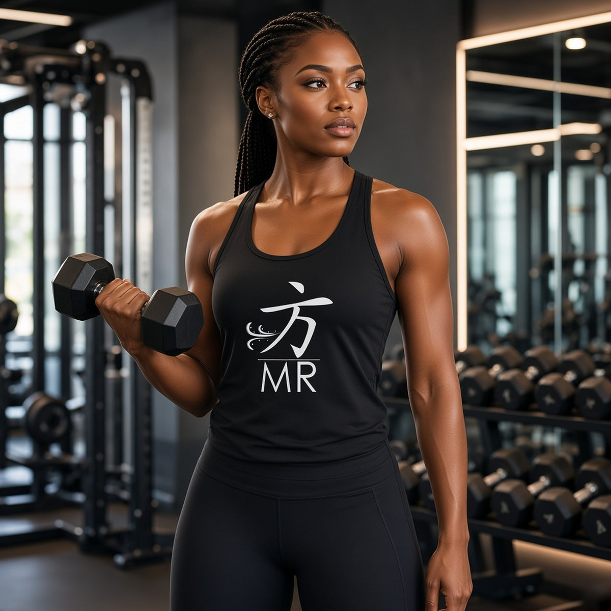 Woman lifting a dumbbell in a gym wearing a 1 Moore Rep black racerback tank with the white 方 MR logo