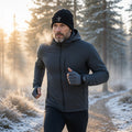 Man running on a frosty winter trail in a 1 Moore Rep black embroidered cuffed beanie with the 方 logo