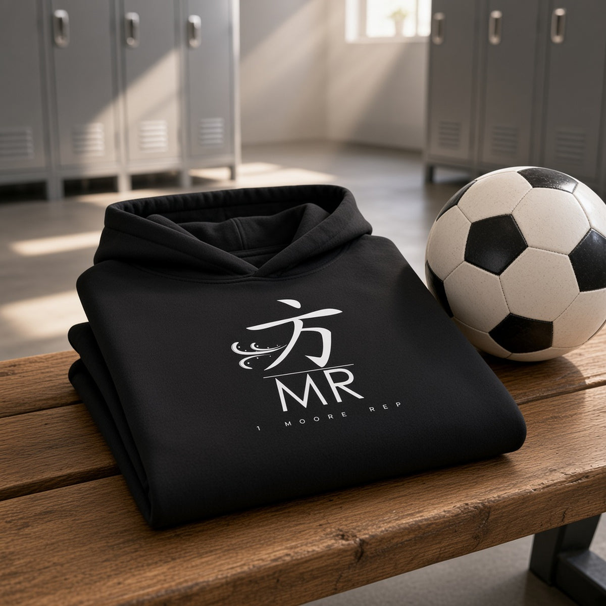 Folded 1 Moore Rep black youth hoodie with white 方 MR logo on a locker room bench beside a soccer ball
