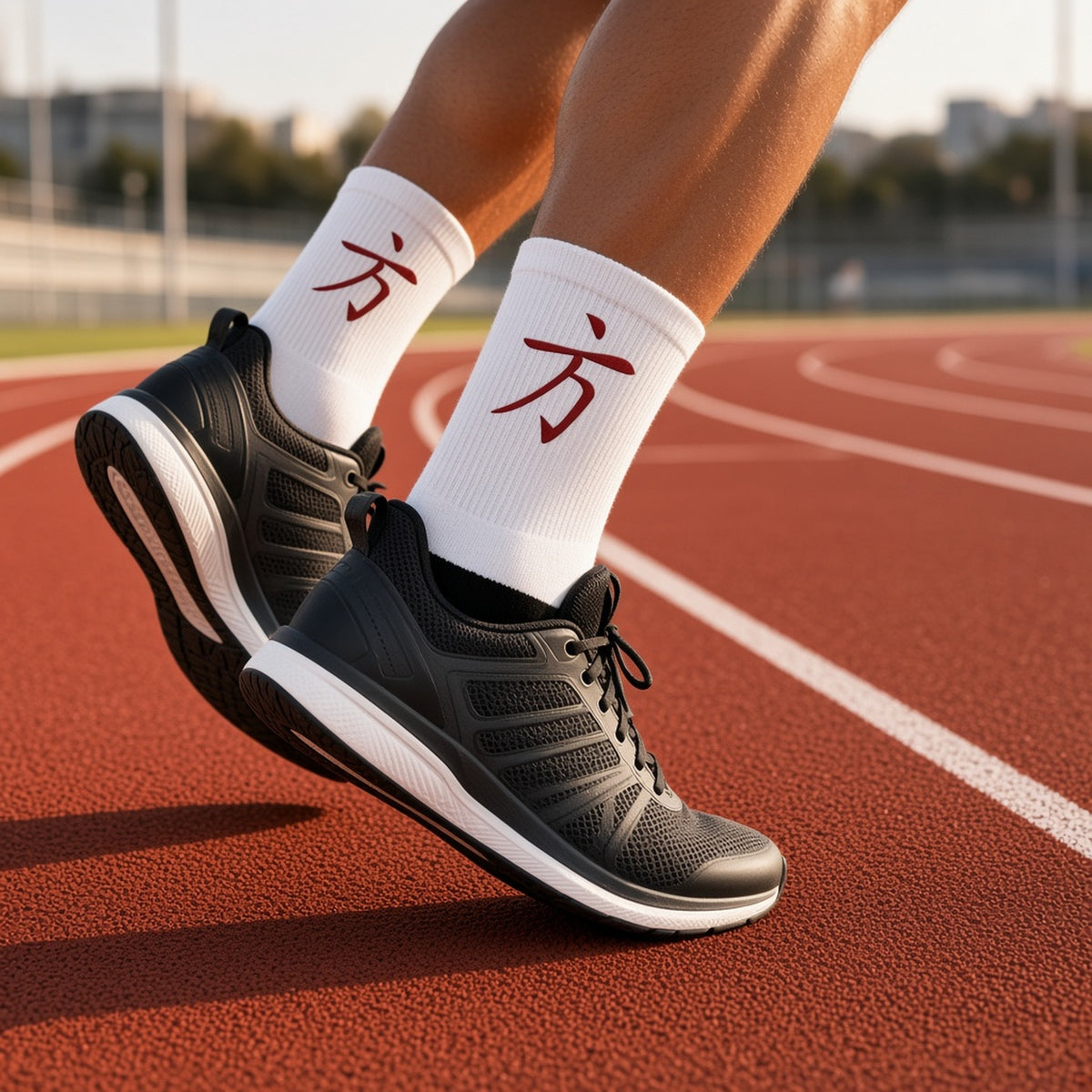 Close-up of a runner on a red track wearing 1 Moore Rep white crew socks with the red 方 logo and black shoes