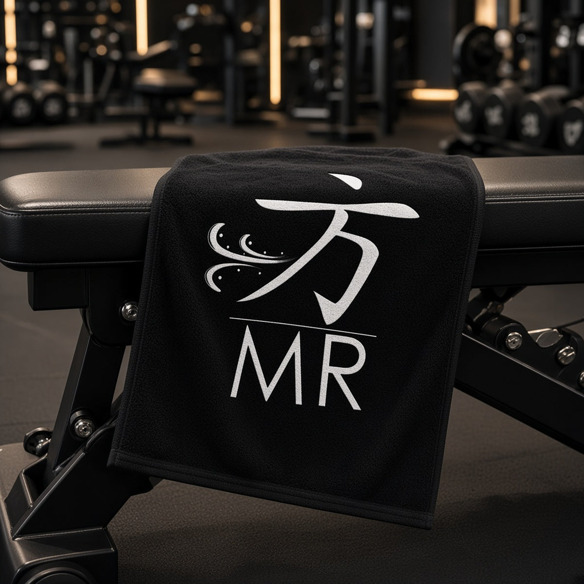 1 Moore Rep black gym sweat towel with white 方 MR logo draped over a weight bench in a dark gym