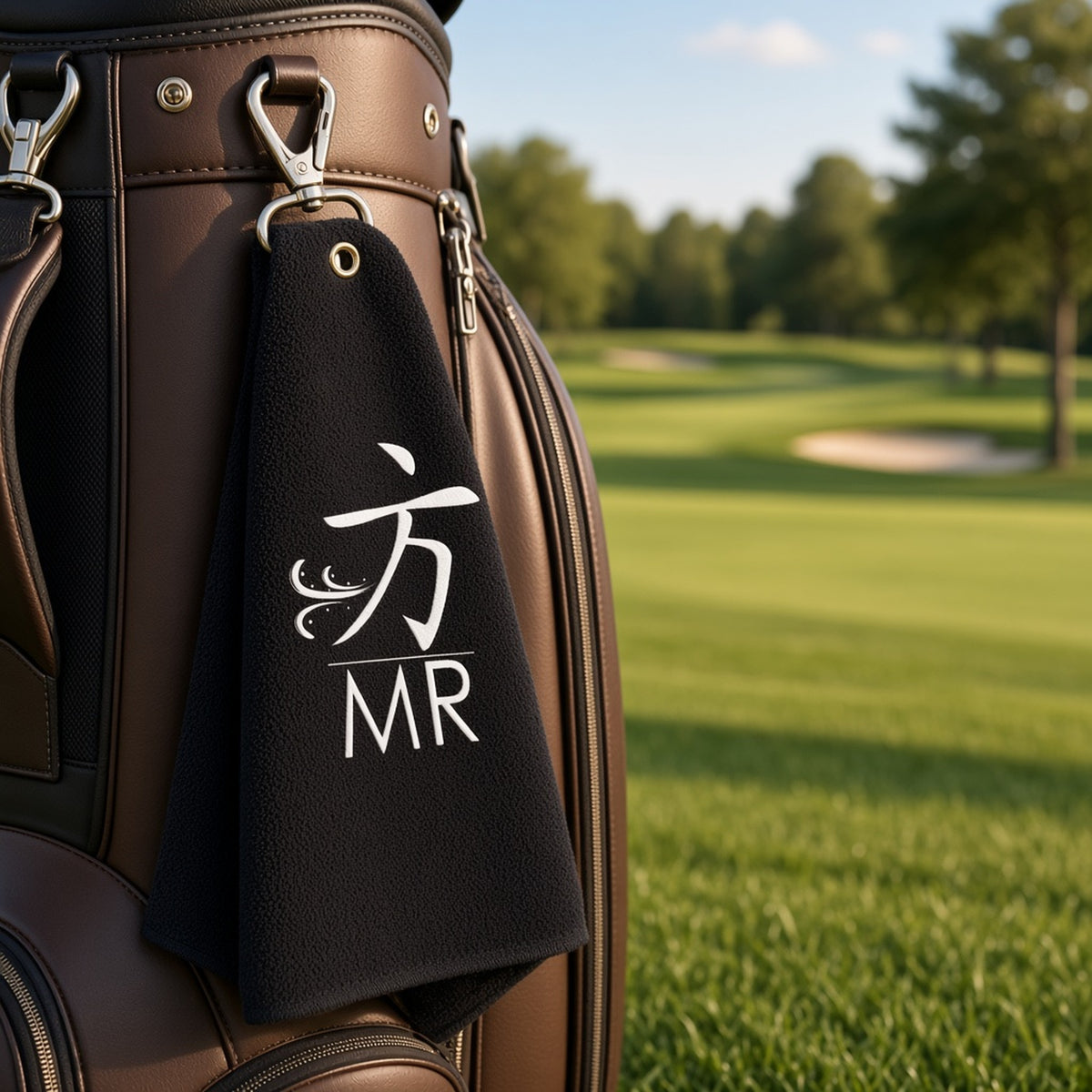 1 Moore Rep black microfiber golf towel with white 方 MR logo clipped to a leather golf bag on a course