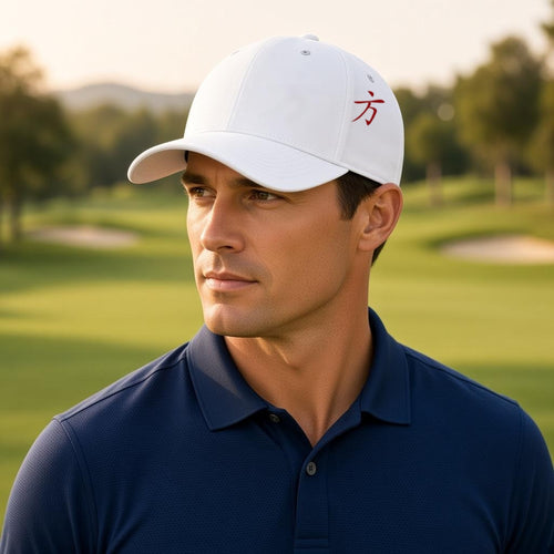 Man on a golf course wearing a 1 Moore Rep white golf performance cap with red 方 logo and a navy polo