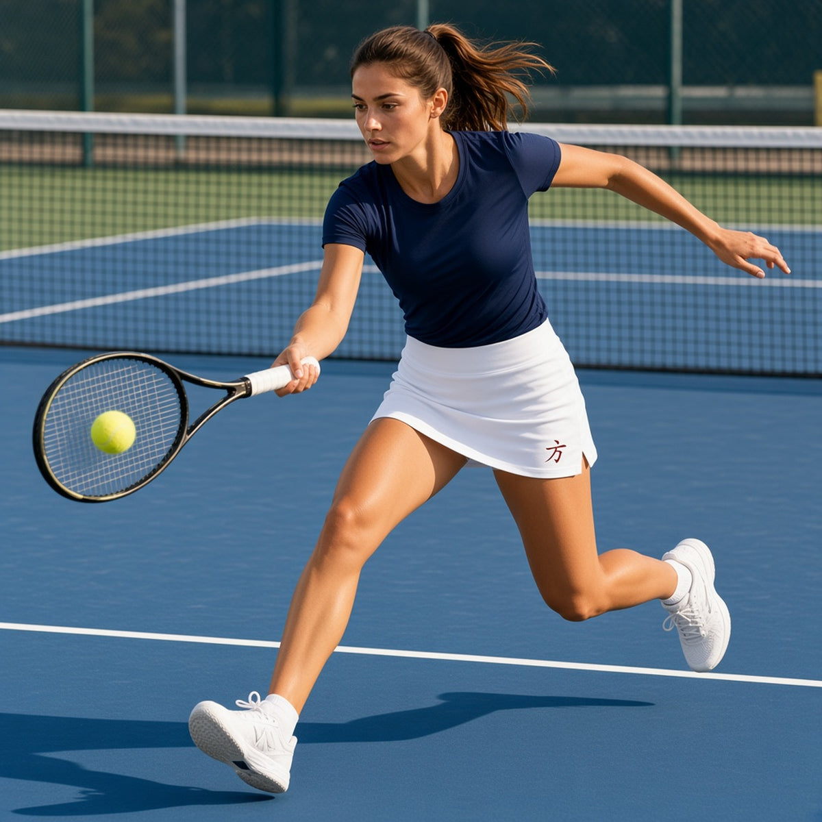 Woman lunging for a forehand on a blue tennis court in a 1 Moore Rep white tennis and golf skort