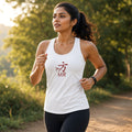 Woman jogging on a sunny trail in a 1 Moore Rep white racerback workout tank with red 方 MR logo